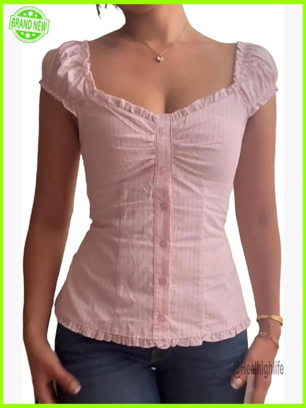 Coquette Babydoll Puff Sleeve Lettuce Trim Top Smocked Back Slim Fit Button